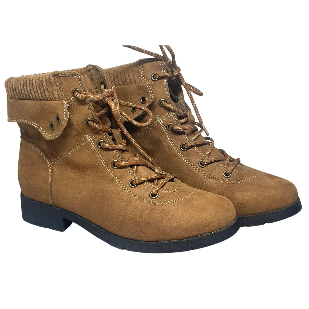St Johns Bay Sz 9.5 Yukka Ankle Boots Brown Faux Suede Ribbed Collar Lace-Up